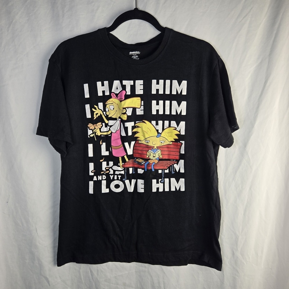 Nickelodeon Hey Arnold Hate Him Love Him Black T Shirt Mens Large Retro Helga
